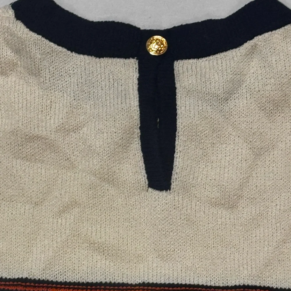 Vintage SJK St. John Womens Knit Pullover Sweater 12 Black Ivory Classic Striped
